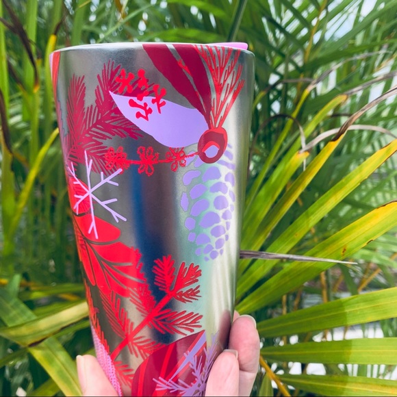 Starbucks New Holiday Ceramic Cup Silver & Red Holly Pinecone Hot Tumbler New - Picture 11 of 12